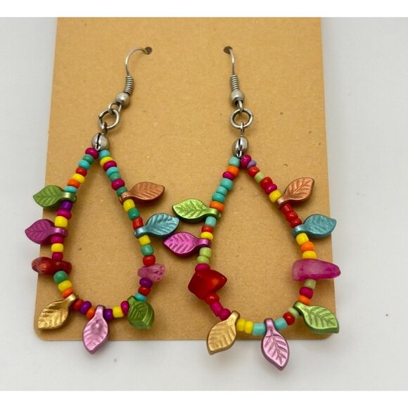 Colorful Beaded Leaf Earrings Teardrop Dangle Boho Jewelry - Picture 4 of 6